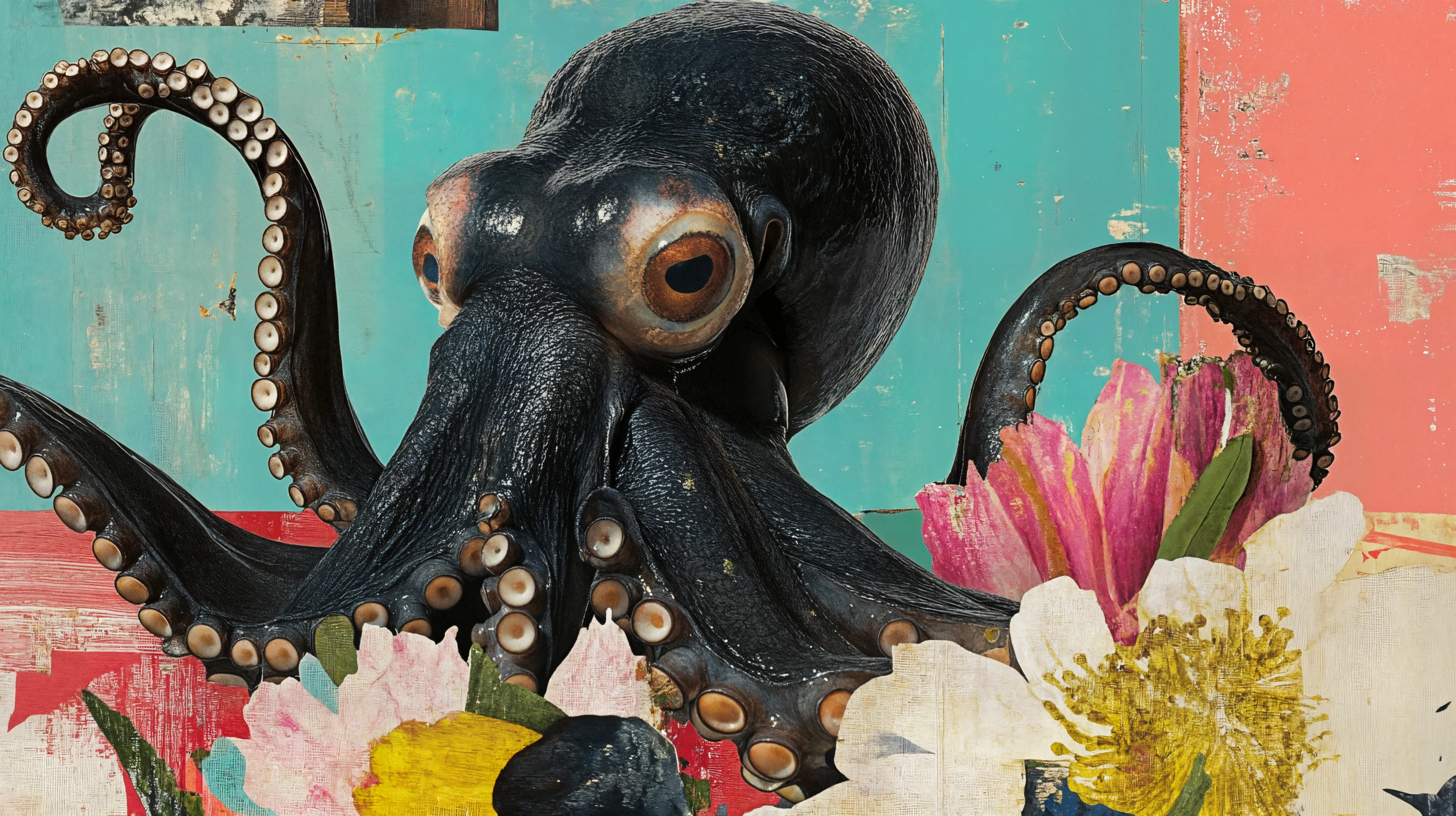 Octopus op Pioenen — limited edition collage print, Beesten series, kutdakrap Amsterdam